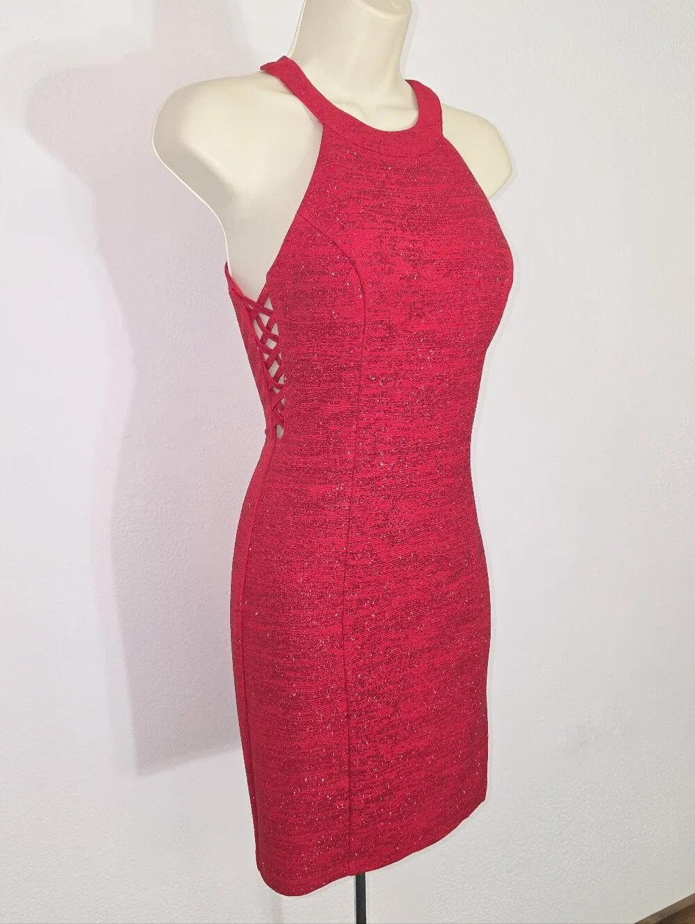Honey and Rosie Dress Shimmery Halter Neckline Sleeveless Vibrant Red Size S - Picture 7 of 16